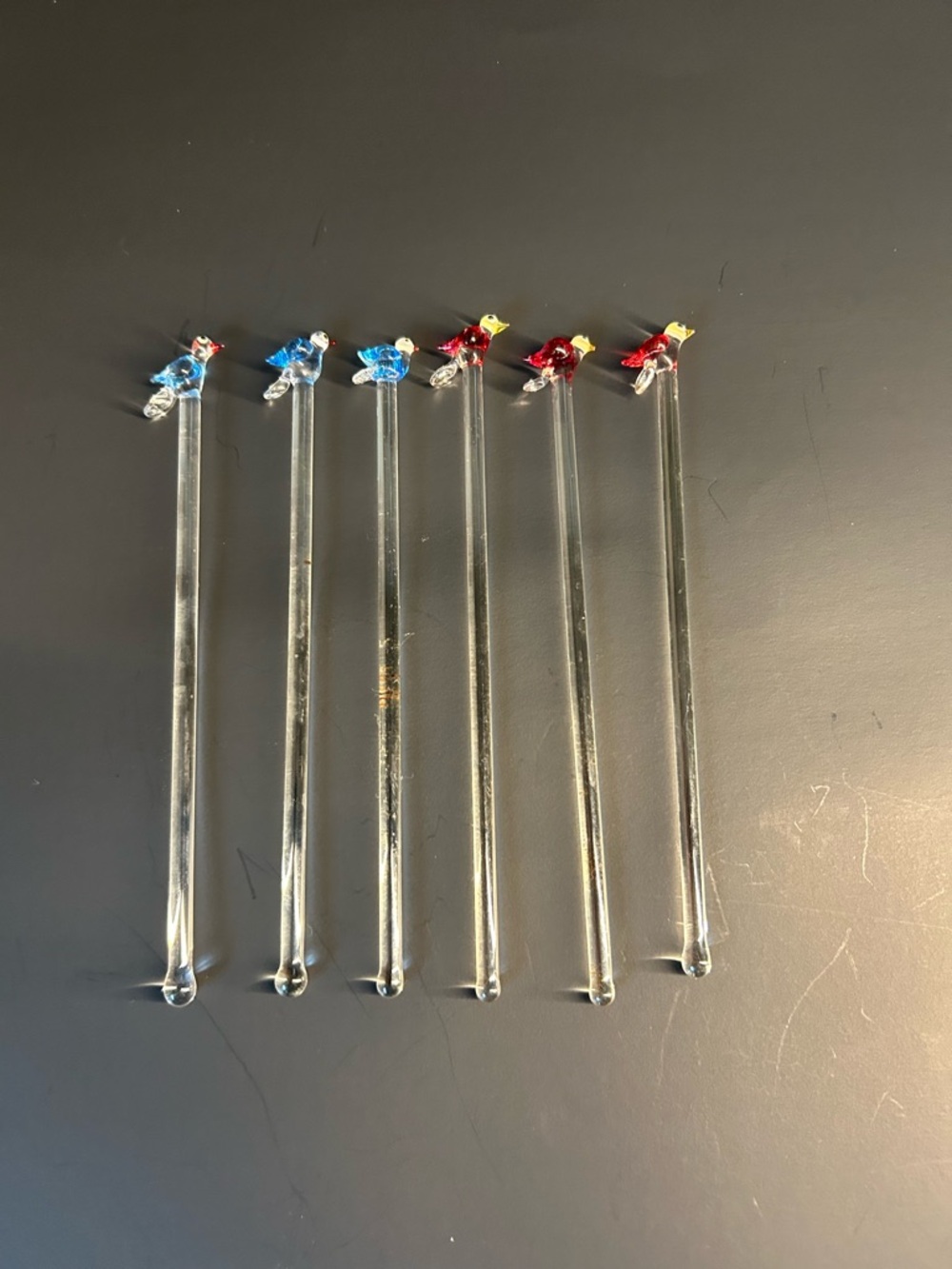 Vintage Set of 6 Glass Drink Stir Swizzle Sticks with Blue and Red Bird Toppers
